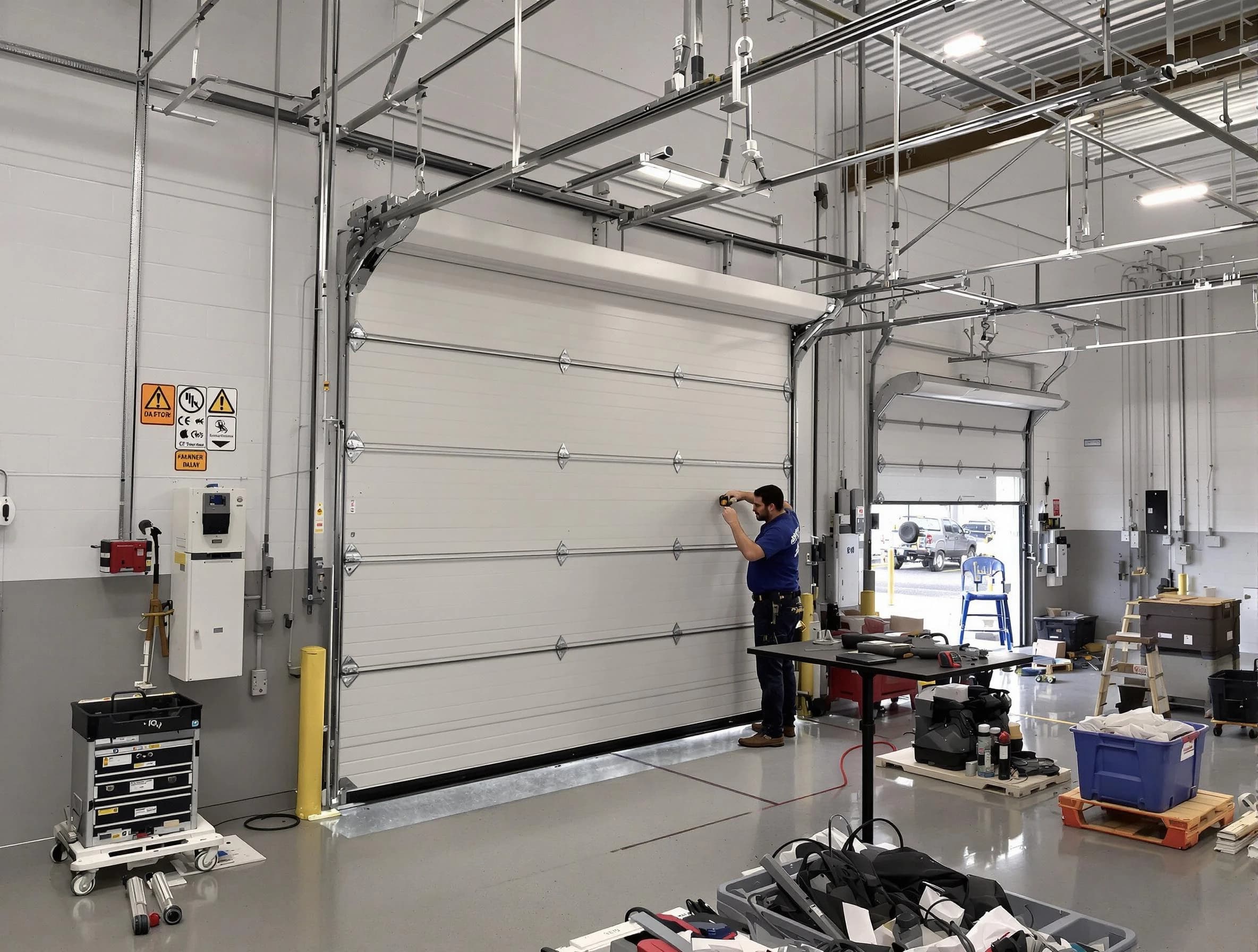 Commercial garage door repair being performed by Sunset Garage Door Repair expert in Sunset