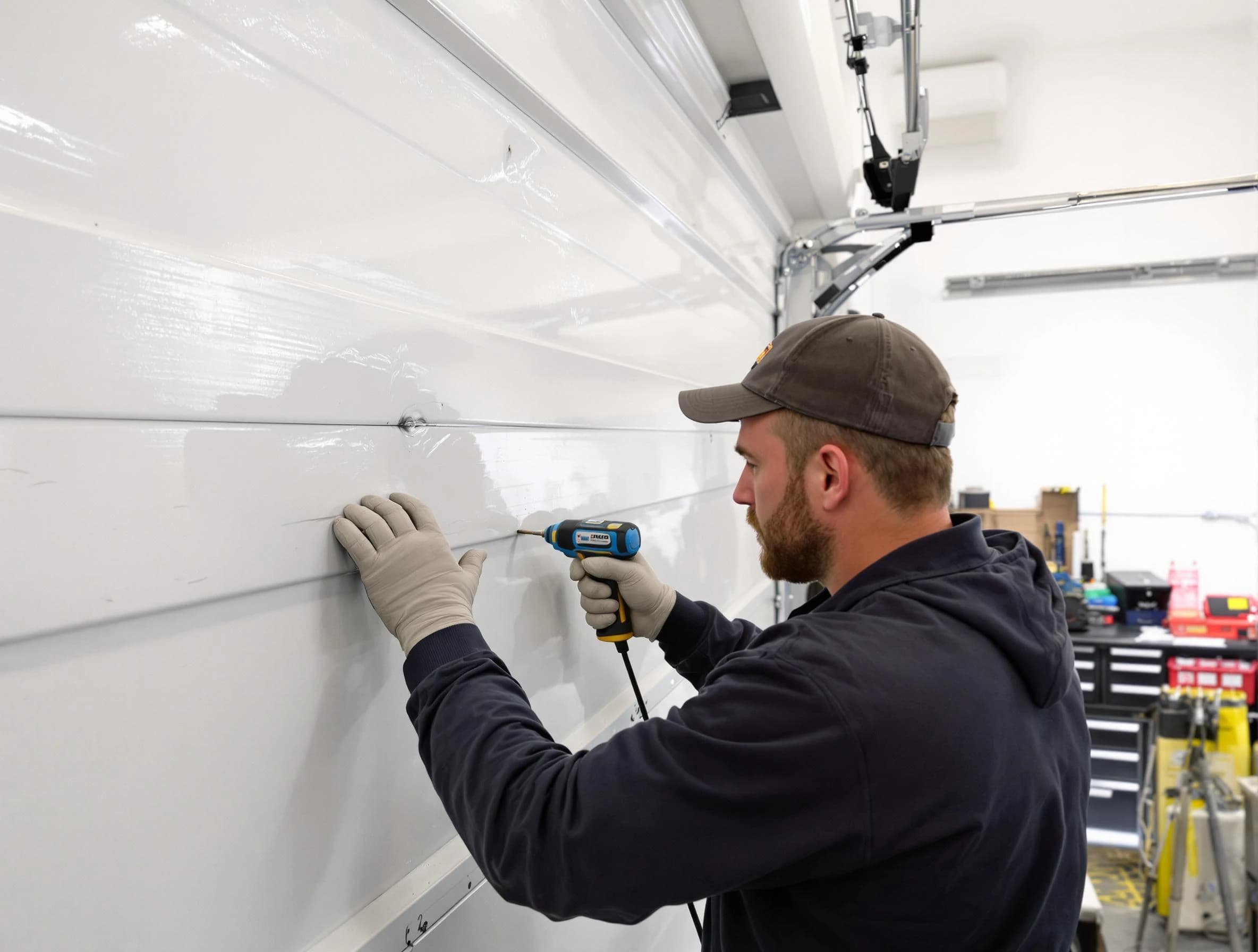 Sunset Garage Door Repair technician demonstrating precision dent removal techniques on a Sunset garage door