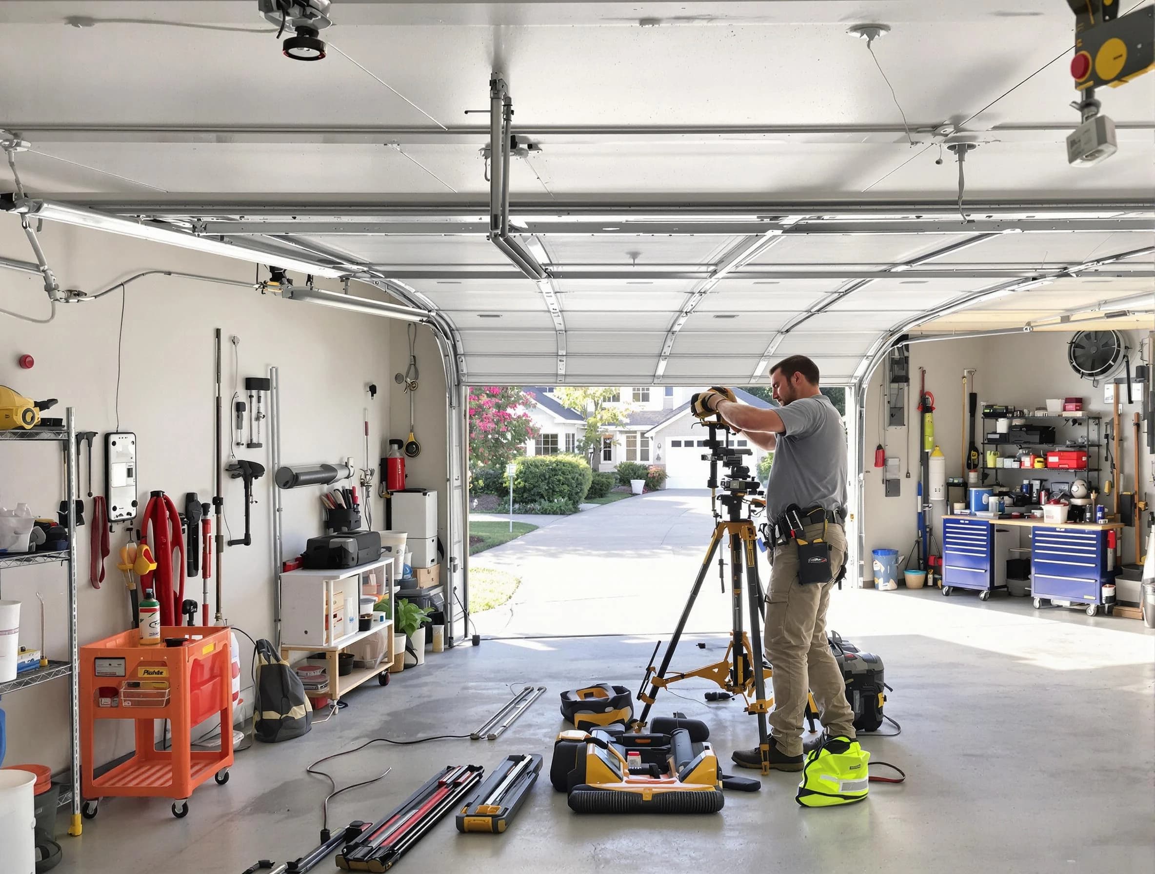 Sunset Garage Door Repair specialist performing laser-guided track alignment in Sunset