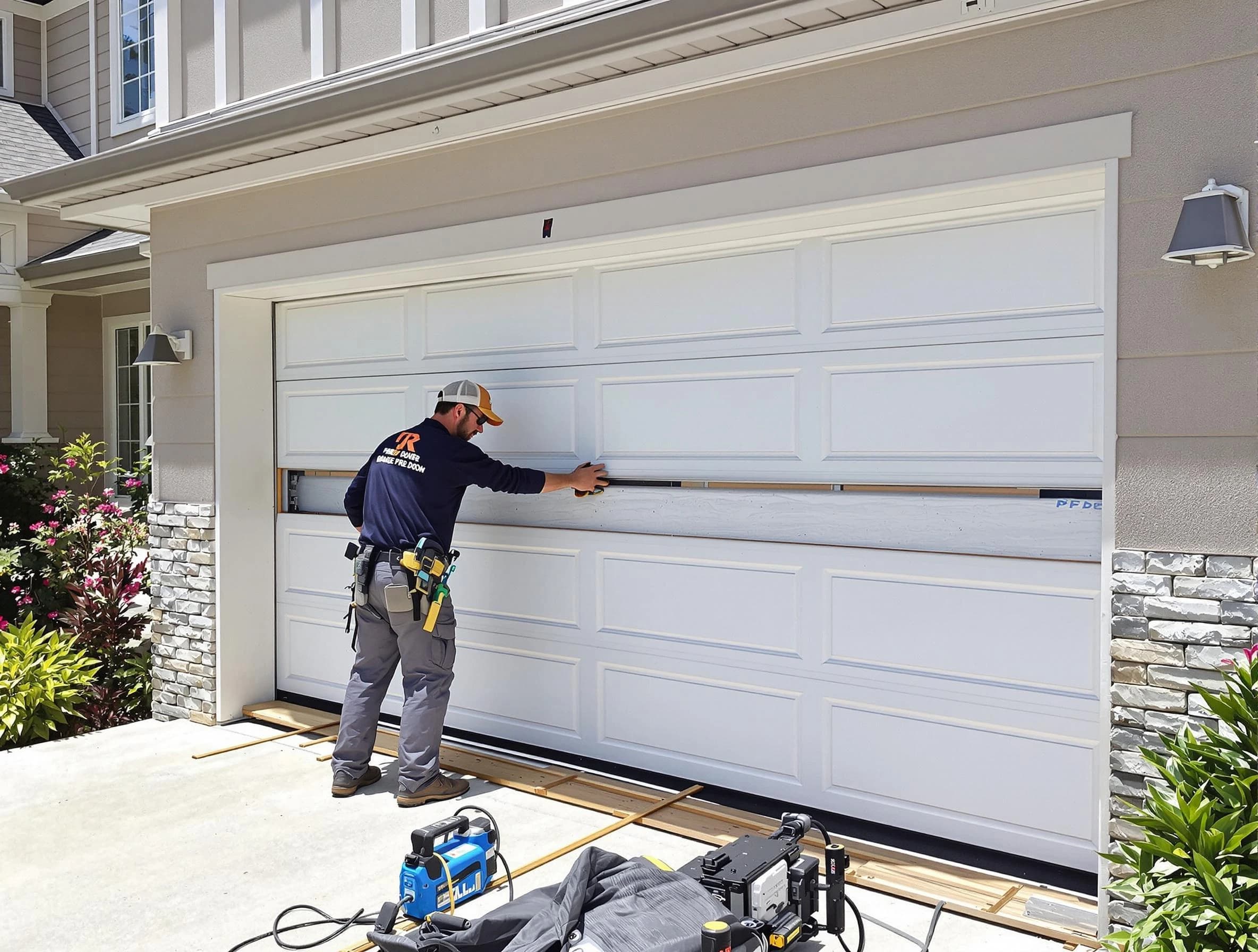 Sunset Garage Door Repair team performing complete garage door replacement at Sunset residence