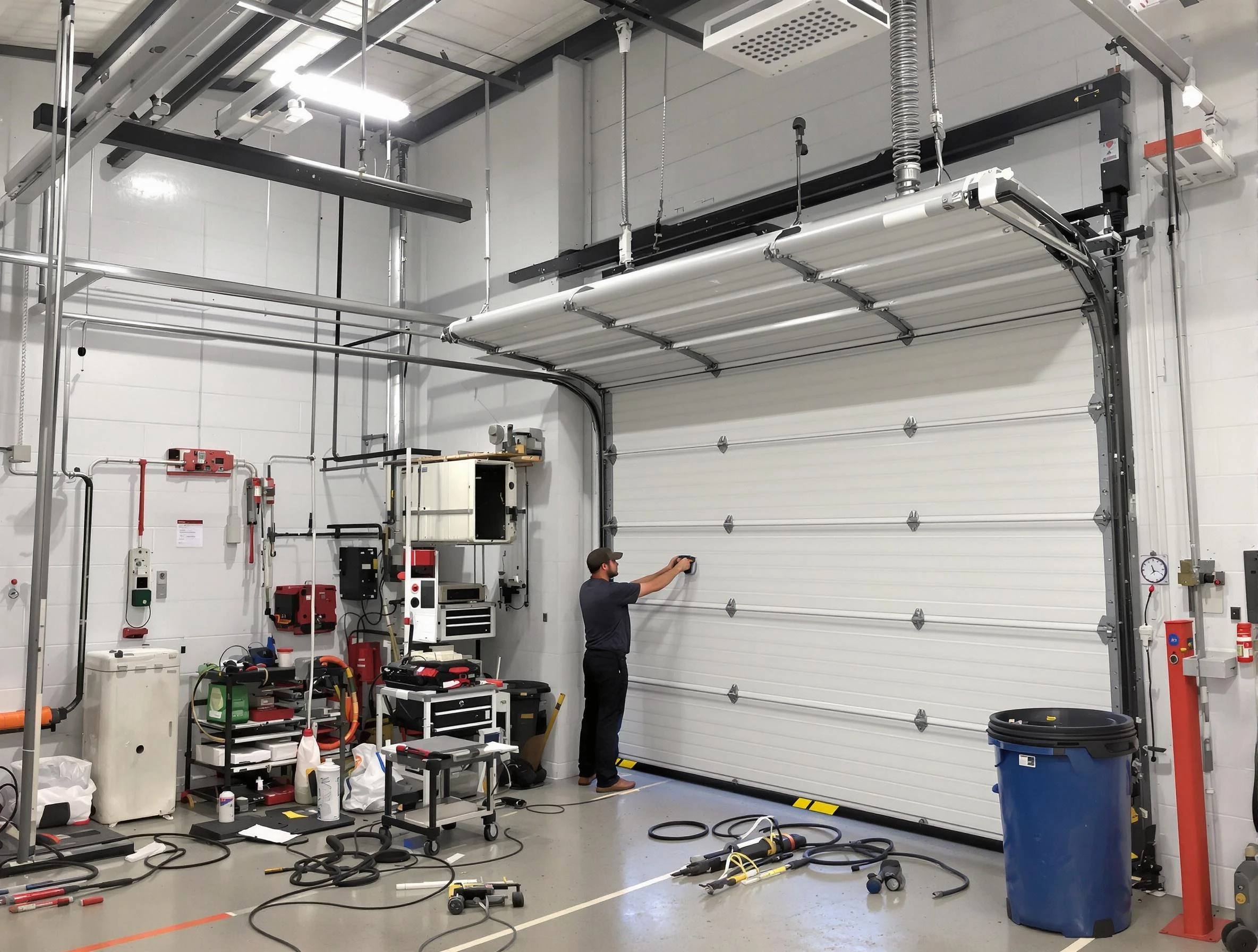 Sunset Garage Door Repair certified technician performing commercial door repair at a Sunset business facility