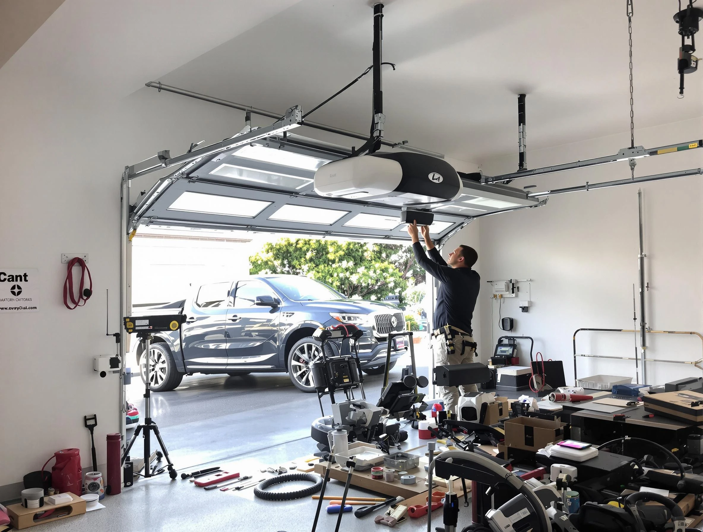 Sunset Garage Door Repair specialist installing smart garage door opener system in Sunset home