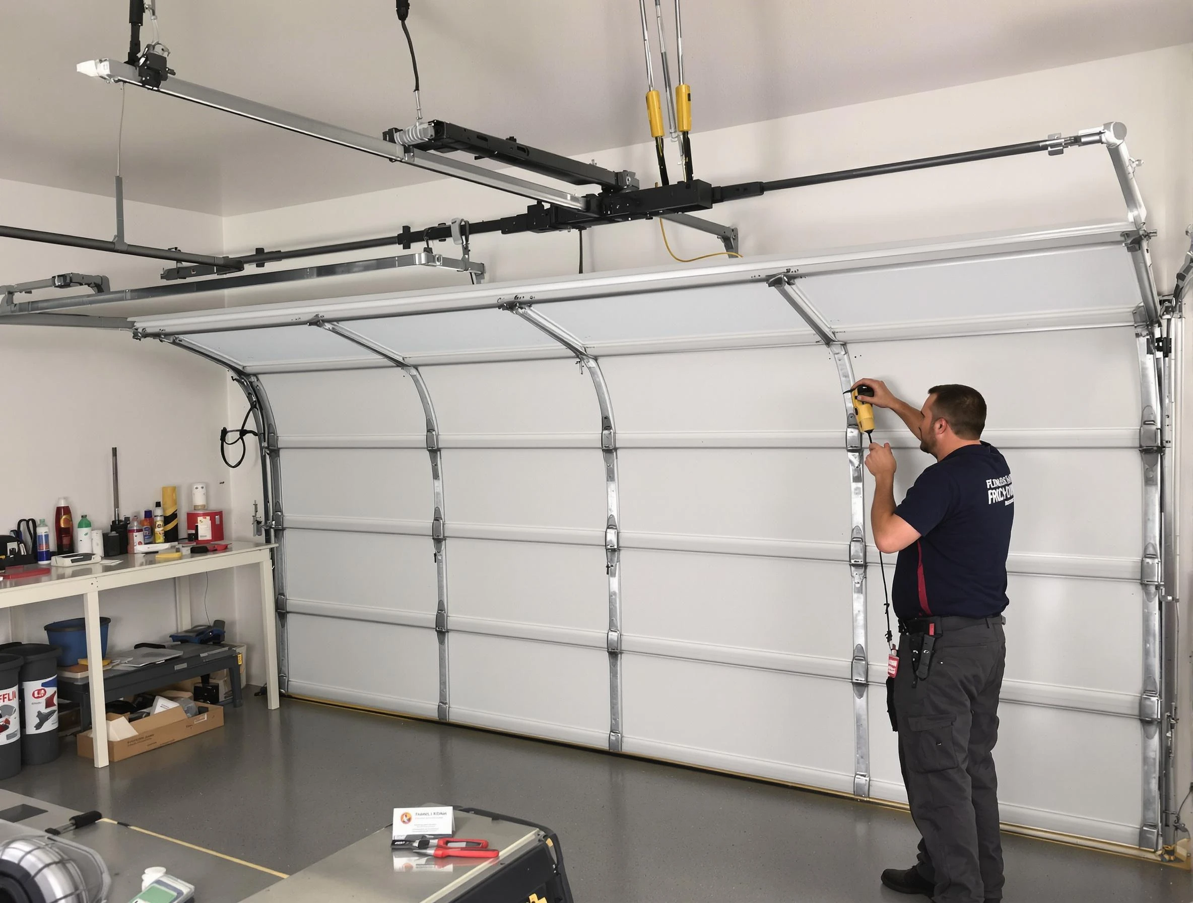 Sunset Garage Door Repair certified technician performing overhead door system repair in Sunset