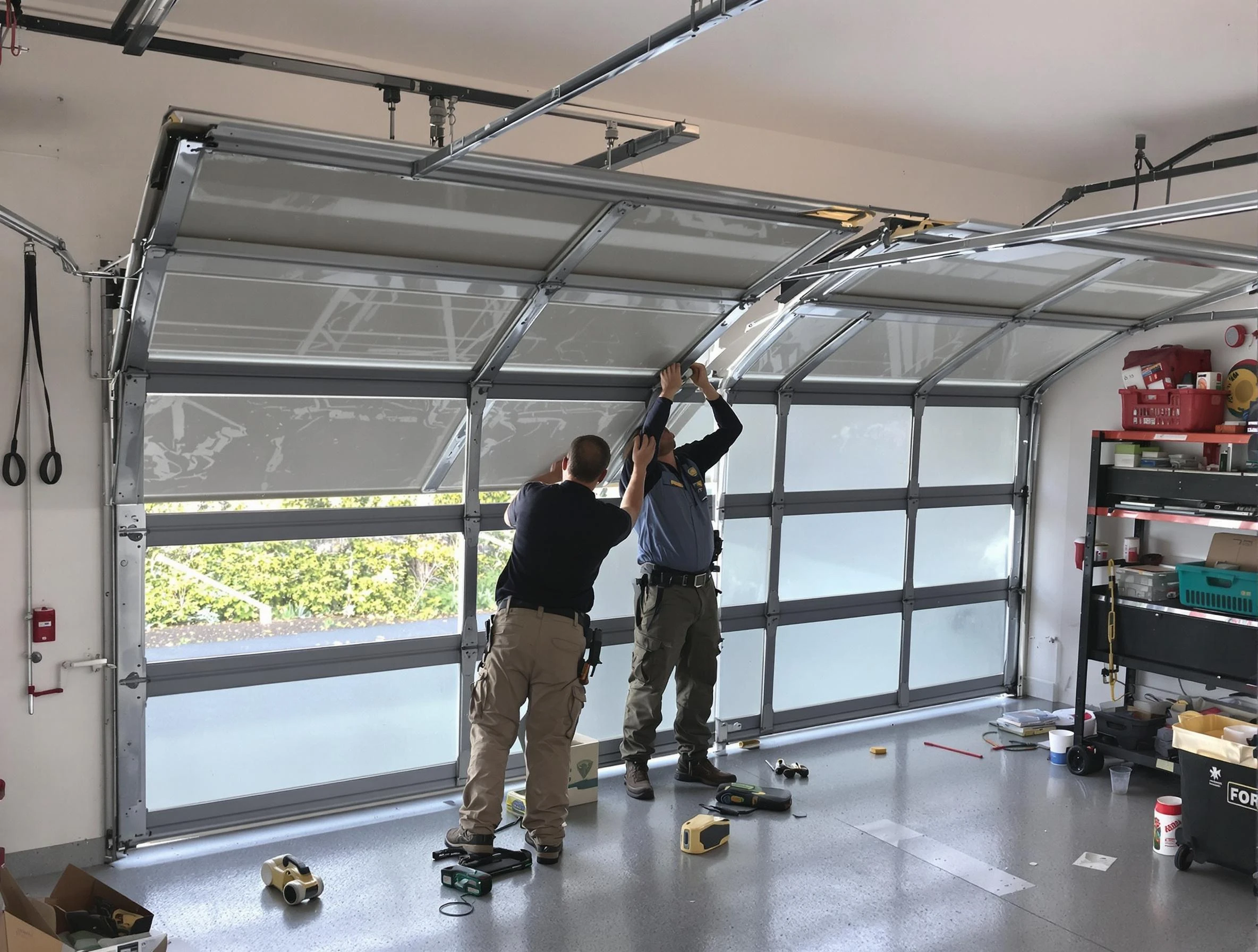 Sunset Garage Door Repair expert performing precise panel replacement on Sunset garage door